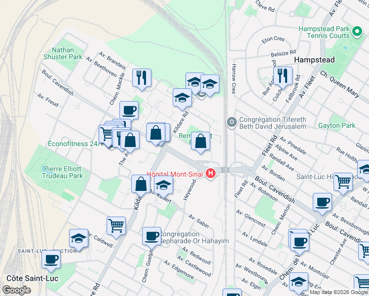 map of restaurants, bars, coffee shops, grocery stores, and more near 5740 Avenue Rembrandt in Côte Saint-Luc