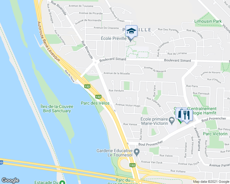 map of restaurants, bars, coffee shops, grocery stores, and more near 325 Rue Verdure in Brossard