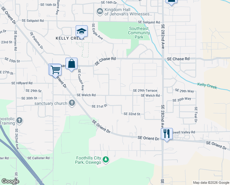 map of restaurants, bars, coffee shops, grocery stores, and more near 5326 Southeast Welch Road in Gresham