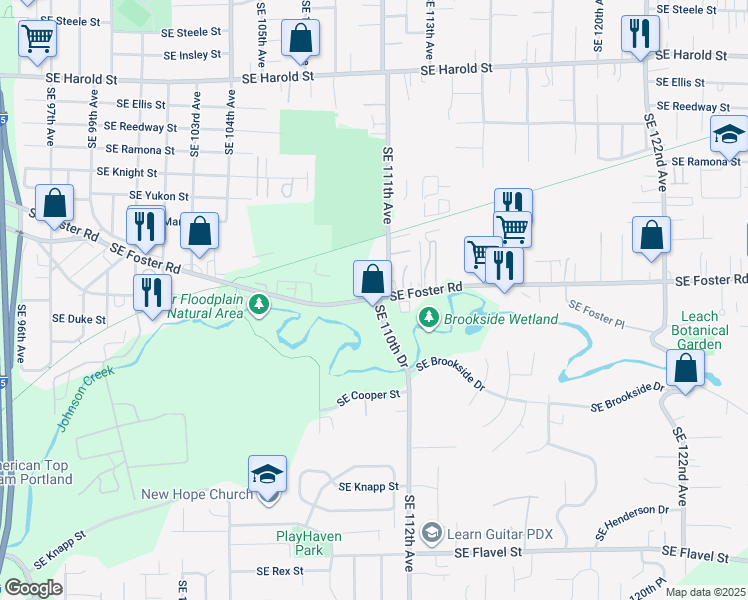 map of restaurants, bars, coffee shops, grocery stores, and more near 10962 Southeast Foster Road in Portland