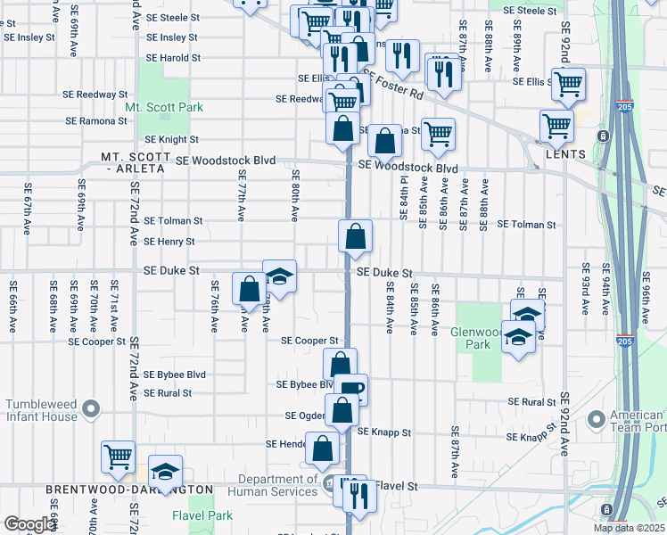 map of restaurants, bars, coffee shops, grocery stores, and more near 8140 Southeast Duke Street in Portland