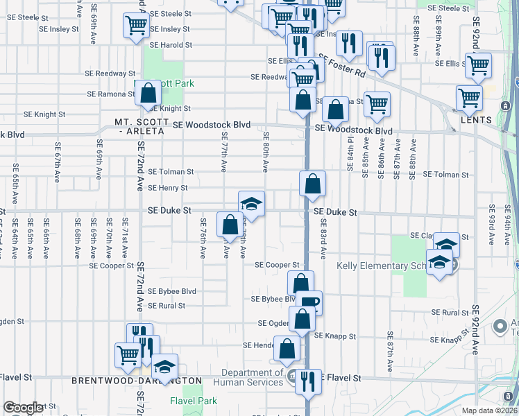 map of restaurants, bars, coffee shops, grocery stores, and more near 6524 Southeast 80th Avenue in Portland