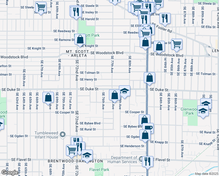 map of restaurants, bars, coffee shops, grocery stores, and more near 6513 Southeast 77th Avenue in Portland