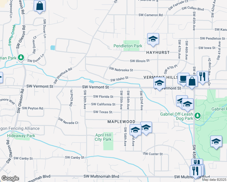 map of restaurants, bars, coffee shops, grocery stores, and more near 5605 Southwest Florida Street in Portland