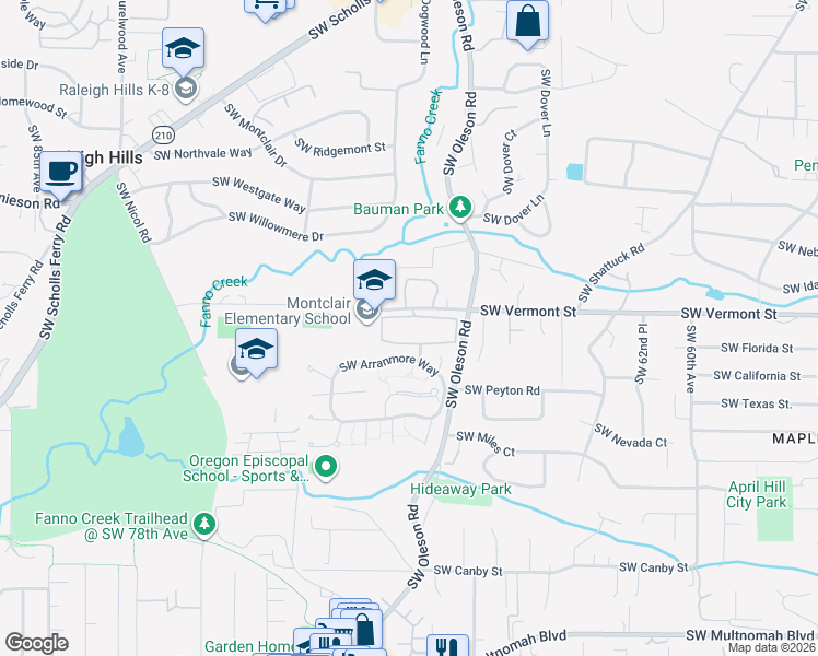 map of restaurants, bars, coffee shops, grocery stores, and more near 6963 Southwest Arranmore Way in Portland