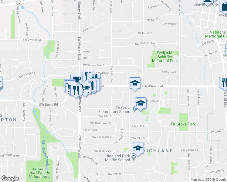 map of restaurants, bars, coffee shops, grocery stores, and more near 13995 Southwest Spirea Street in Beaverton