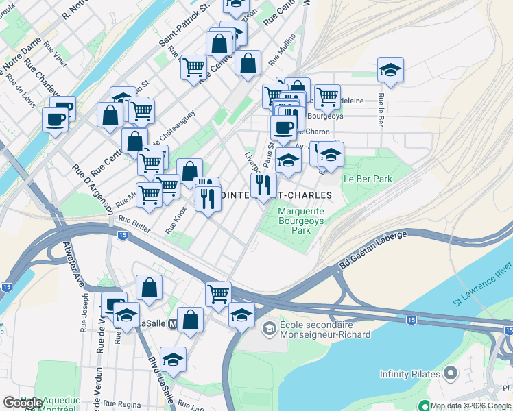 map of restaurants, bars, coffee shops, grocery stores, and more near 630 Rue d'Hibernia in Montréal