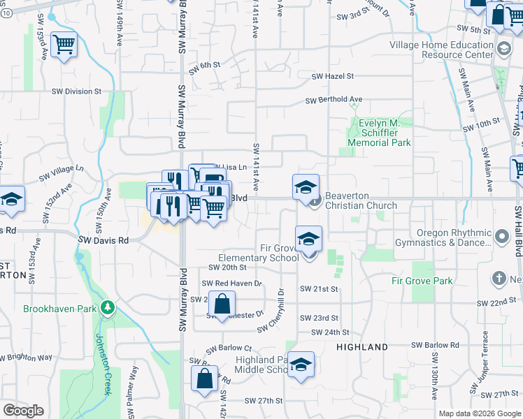 map of restaurants, bars, coffee shops, grocery stores, and more near 6010 Southwest Fisher Avenue in Beaverton