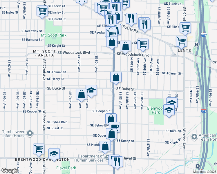 map of restaurants, bars, coffee shops, grocery stores, and more near 8140 Southeast Duke Street in Portland