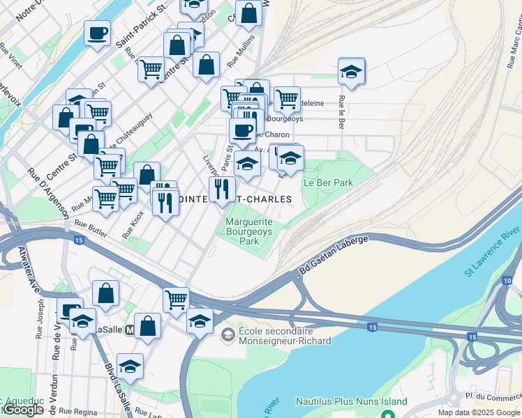 map of restaurants, bars, coffee shops, grocery stores, and more near 513 Rue du Parc Marguerite Bourgeoys in Montréal