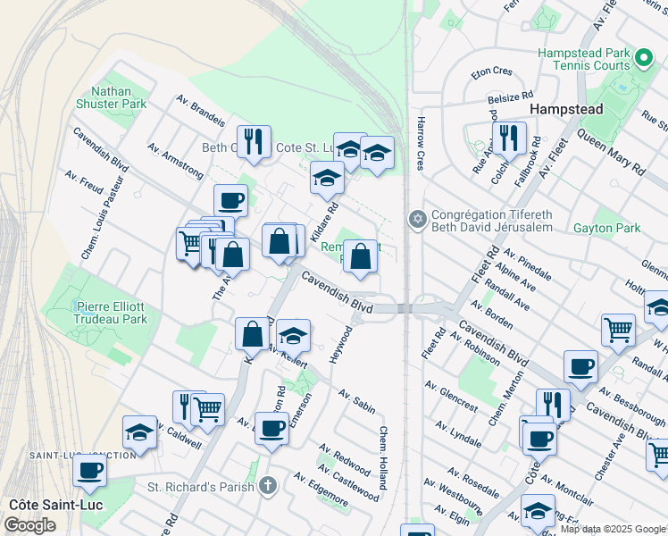 map of restaurants, bars, coffee shops, grocery stores, and more near 5740 Avenue Rembrandt in Côte Saint-Luc