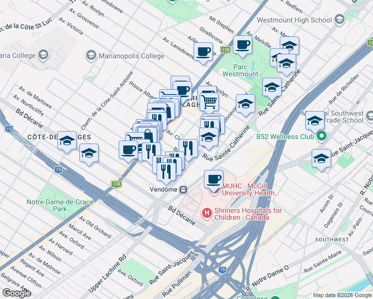 map of restaurants, bars, coffee shops, grocery stores, and more near 2050 Avenue Claremont in Montrã©Al