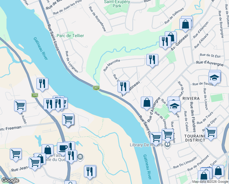 map of restaurants, bars, coffee shops, grocery stores, and more near 1963 Rue Saint-Louis in Gatineau
