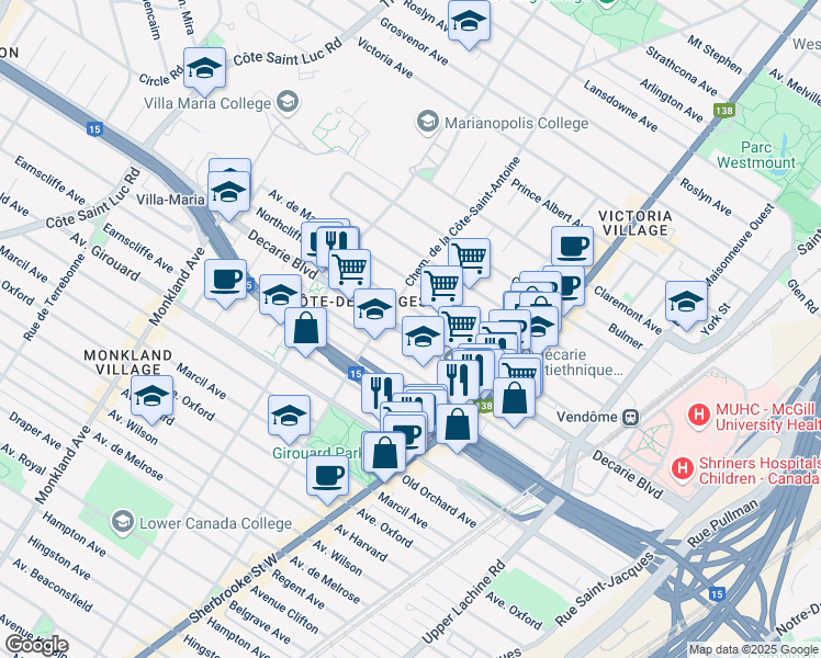 map of restaurants, bars, coffee shops, grocery stores, and more near 3595 Boulevard Décarie in Montréal