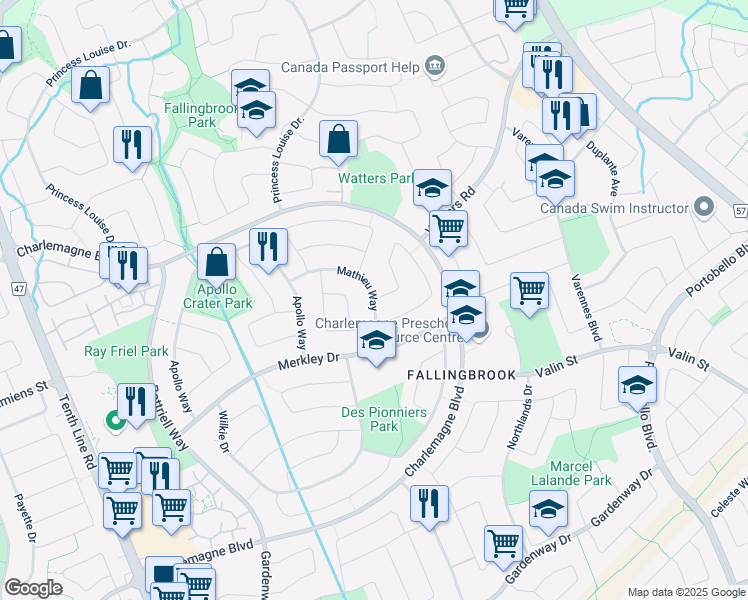 map of restaurants, bars, coffee shops, grocery stores, and more near Tache Way in Ottawa