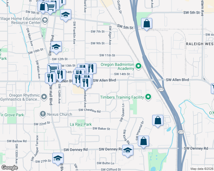 map of restaurants, bars, coffee shops, grocery stores, and more near 6195 Southwest Griffin Place in Beaverton