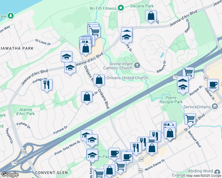 map of restaurants, bars, coffee shops, grocery stores, and more near 6404 Sugar Creek Way in Ottawa