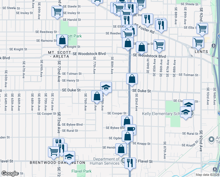 map of restaurants, bars, coffee shops, grocery stores, and more near 6524 Southeast 80th Avenue in Portland
