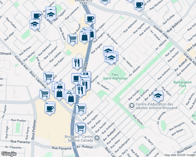 map of restaurants, bars, coffee shops, grocery stores, and more near 6317 Avenue Aumont in Brossard