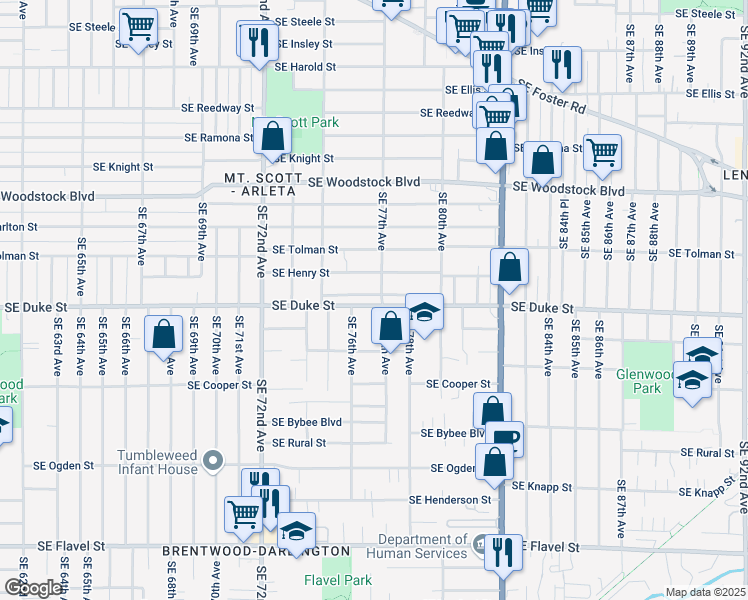 map of restaurants, bars, coffee shops, grocery stores, and more near 6513 Southeast 77th Avenue in Portland