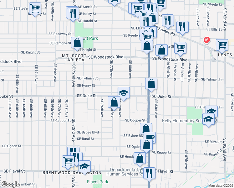 map of restaurants, bars, coffee shops, grocery stores, and more near 7730 Southeast Henry Place in Portland