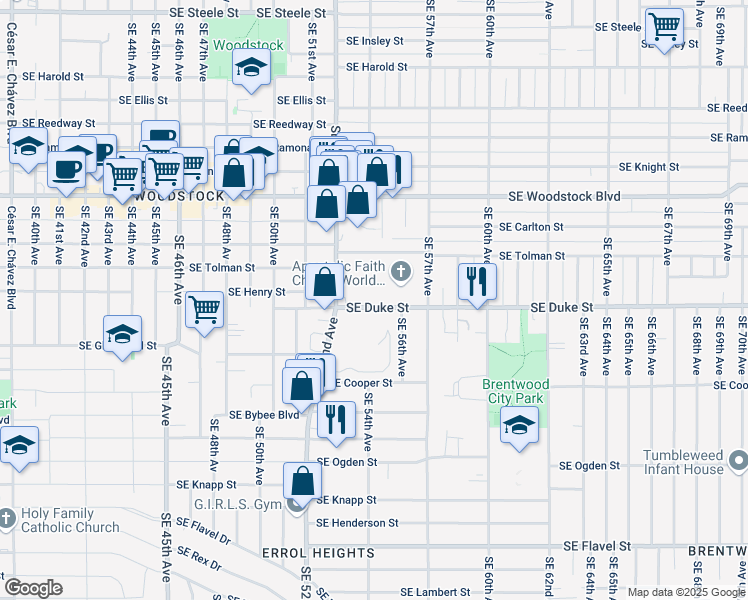 map of restaurants, bars, coffee shops, grocery stores, and more near 5414 Southeast Duke Street in Portland