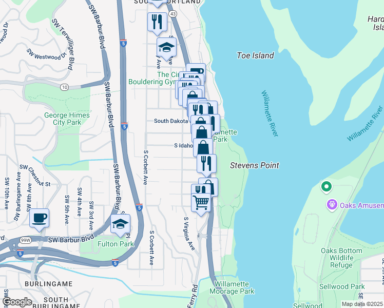 map of restaurants, bars, coffee shops, grocery stores, and more near 535 Southwest Vermont Street in Portland