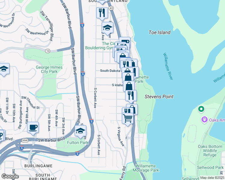 map of restaurants, bars, coffee shops, grocery stores, and more near 0421 Southwest Florida Street in Portland