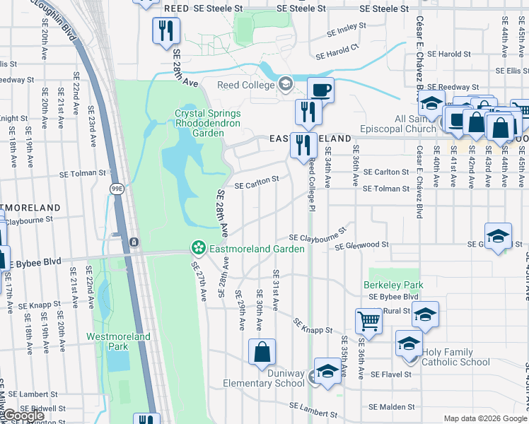 map of restaurants, bars, coffee shops, grocery stores, and more near 6519 Southeast 30th Avenue in Portland
