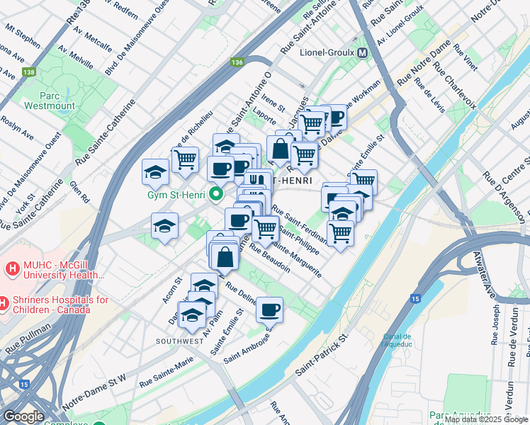 map of restaurants, bars, coffee shops, grocery stores, and more near in Montreal