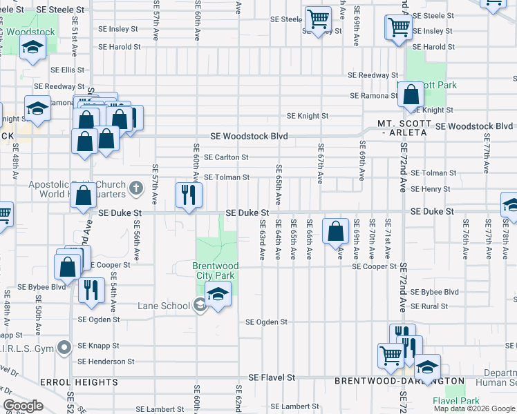 map of restaurants, bars, coffee shops, grocery stores, and more near 6520 Southeast 63rd Avenue in Portland