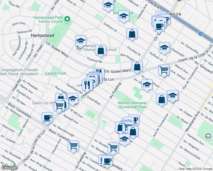 map of restaurants, bars, coffee shops, grocery stores, and more near 5194 Avenue de Hampton in Montréal
