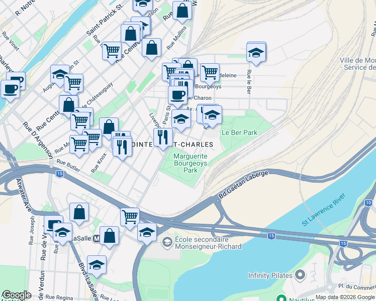 map of restaurants, bars, coffee shops, grocery stores, and more near in Montreal