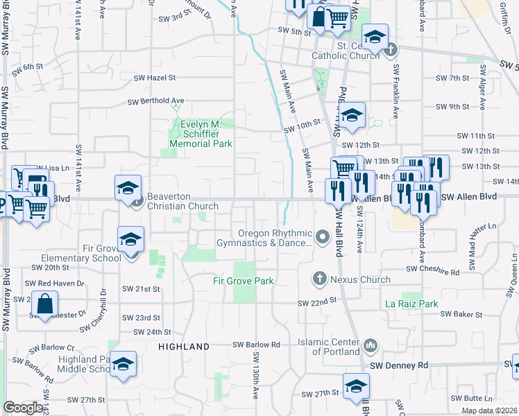map of restaurants, bars, coffee shops, grocery stores, and more near 6125 Southwest 130th Avenue in Beaverton