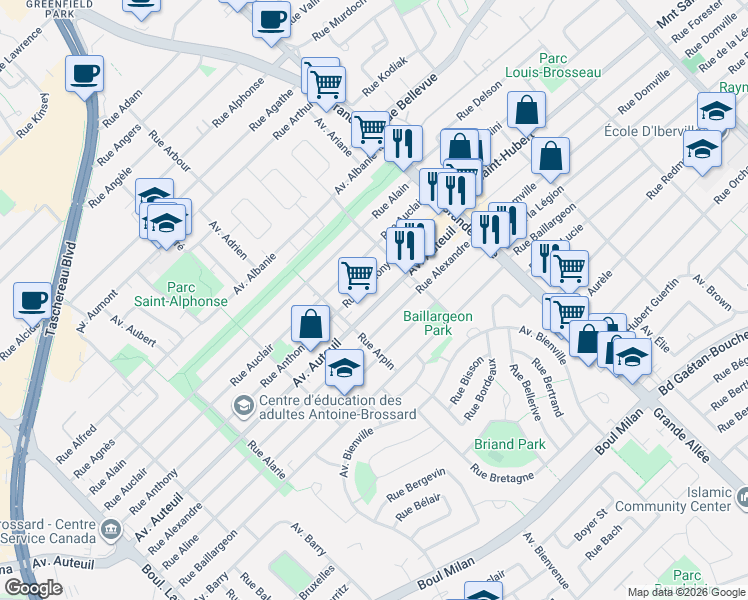 map of restaurants, bars, coffee shops, grocery stores, and more near 5649 Avenue Auteuil in Brossard