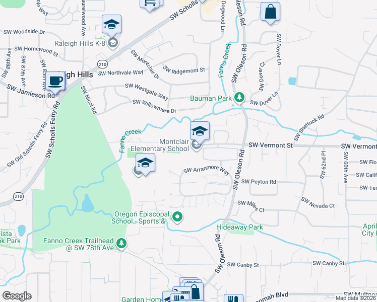 map of restaurants, bars, coffee shops, grocery stores, and more near 7250 South Vermont Street in Portland