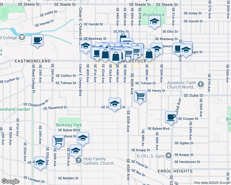 map of restaurants, bars, coffee shops, grocery stores, and more near 6515 Southeast 44th Avenue in Portland