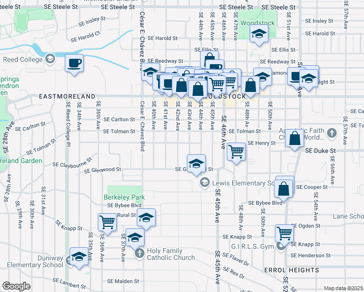 map of restaurants, bars, coffee shops, grocery stores, and more near 6521 Southeast 43rd Avenue in Portland
