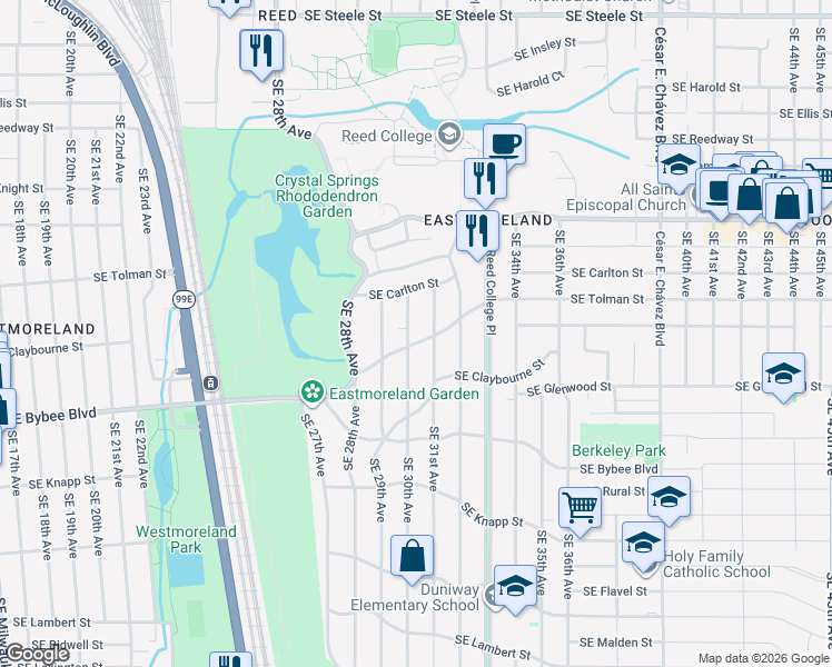 map of restaurants, bars, coffee shops, grocery stores, and more near 6519 Southeast 30th Avenue in Portland
