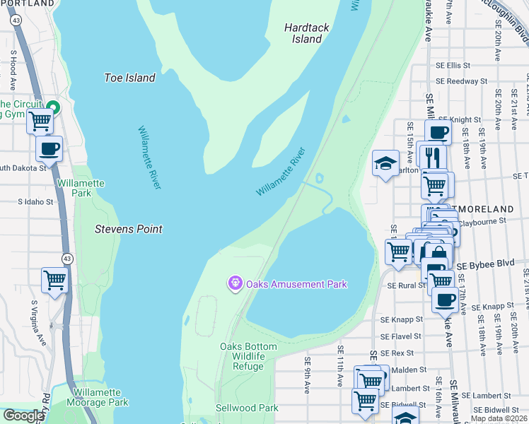 map of restaurants, bars, coffee shops, grocery stores, and more near Springwater on the Willamette in Portland