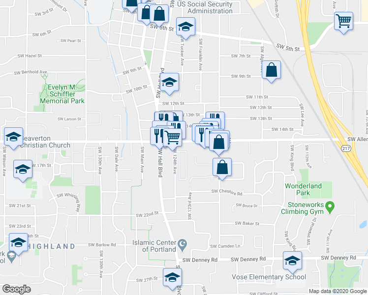 map of restaurants, bars, coffee shops, grocery stores, and more near 12250 Southwest Allen Boulevard in Beaverton