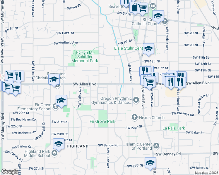 map of restaurants, bars, coffee shops, grocery stores, and more near 6125 Southwest 130th Avenue in Beaverton