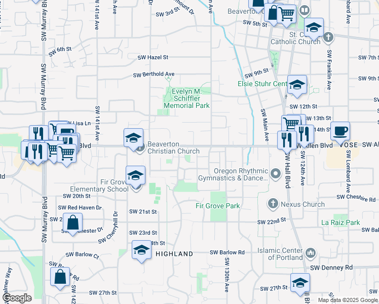 map of restaurants, bars, coffee shops, grocery stores, and more near 13397 Southwest 17th Street in Beaverton