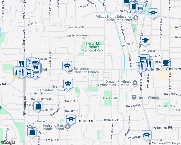 map of restaurants, bars, coffee shops, grocery stores, and more near 13397 Southwest 17th Street in Beaverton