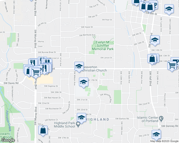 map of restaurants, bars, coffee shops, grocery stores, and more near 6160 Southwest Menlo Drive in Beaverton