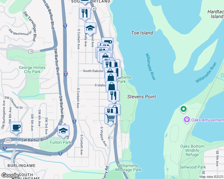 map of restaurants, bars, coffee shops, grocery stores, and more near 6733-6767 South Macadam Avenue in Portland