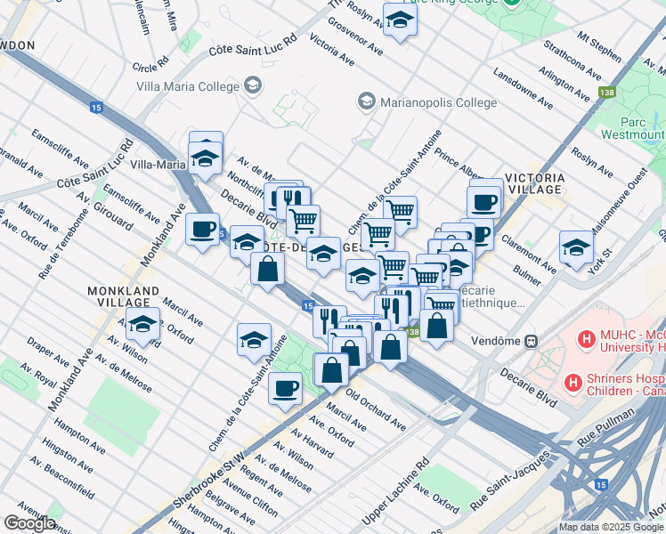 map of restaurants, bars, coffee shops, grocery stores, and more near 3636 Decarie Boulevard in Montreal