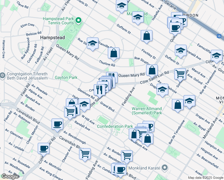 map of restaurants, bars, coffee shops, grocery stores, and more near 5251 Avenue Hingston in Montréal