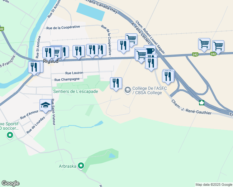 map of restaurants, bars, coffee shops, grocery stores, and more near 475 Chemin de la Grande Ligne in Rigaud