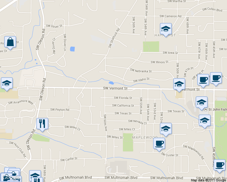map of restaurants, bars, coffee shops, grocery stores, and more near 5850 Southwest Vermont Street in Portland